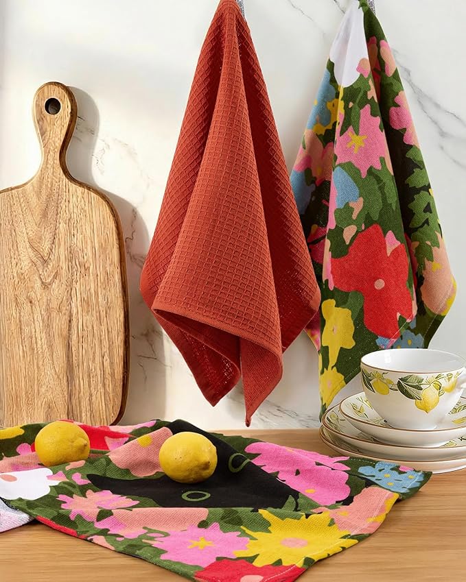 Miss Adola 3pcs Cotton Kitchen Towels - 270 GSM 15x25 Inch Terry Cloths Reusable Dish Cloths for Cleaning Absorbent Soft Hand Tea Towels with Hanging Loop for Housewarming Home Decor, Cats in Flowers