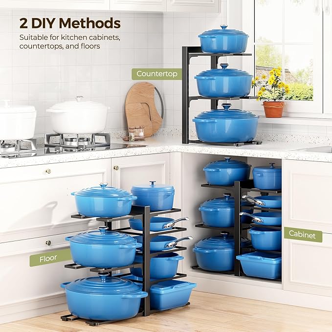 LAMU Pots and Pans Organizer Organizer under Cabinet 15.83" Height, 8 Adjustable Tier Heavy Duty 120LB Pot and Pan Organizer Rack inside Cabinet for Cast-iron Pan, Heavy Skillets Griddle, Shallow Pot