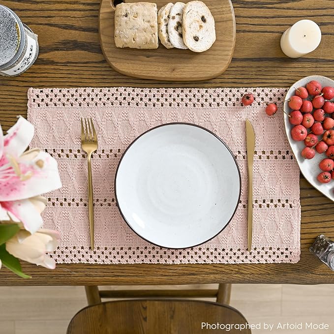 Artoid Mode Pink Farmhouse Woven Rustic Hollow Placemats Set of 4,12x18 Inch Seasonal Holiday Table Mats Party Kitchen Dining Decoration