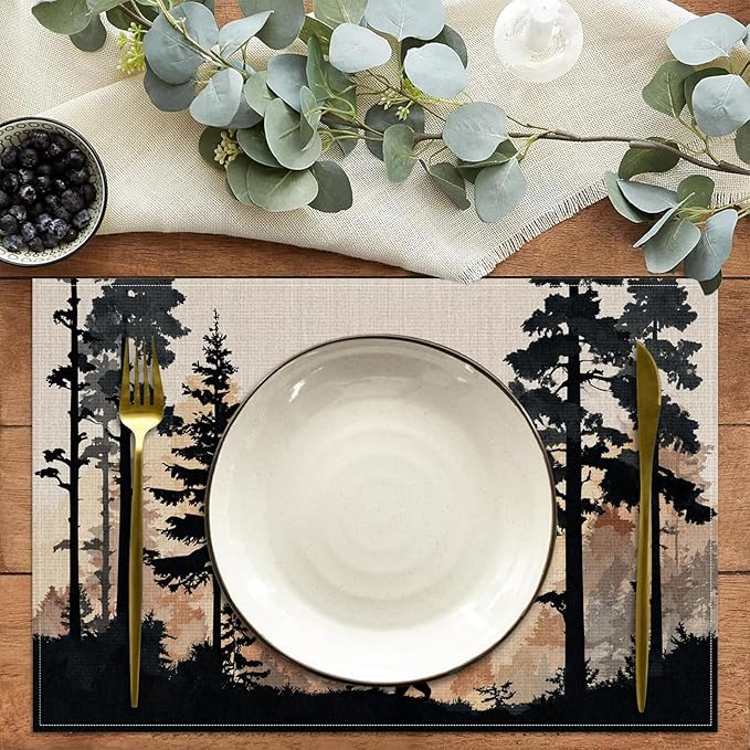 Rustic Bear Forest Placemats Set of 6,12 x 18 Inch Table Mats Washable Heat Resistant Linen Fabric Rectangle Place Mat for Party Home Kitchen Dining