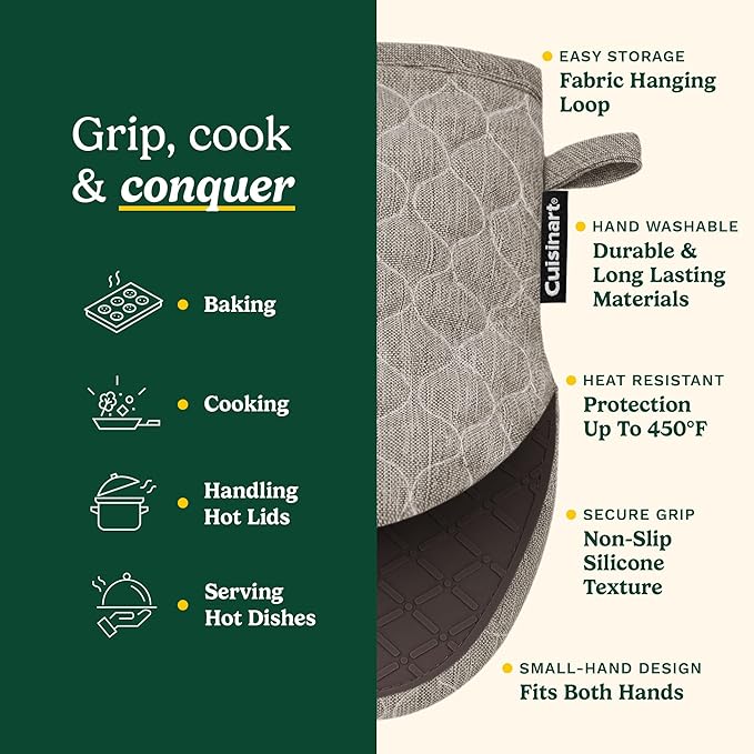 Cuisinart Mini Oven Mitts – 5.5” x 8” Heat-Resistant Kitchen Mitts for Oven with Non-Slip Printed Silicone, Cotton Filling, and Faux Leather Loop – Durable Oven Mitt Set for Cooking & Baking