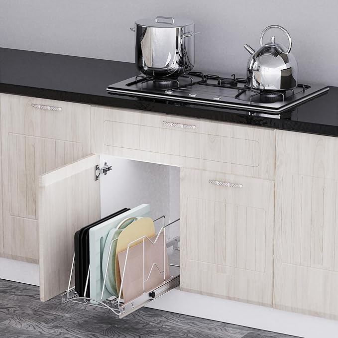 Pull Out Cookie Sheet Organizer for Cabinet, Pan and Pot Rack, Cutting Board Organizer Rack, Baking Tray Organizer for Cabinet, Adjustable Divider Width, 11" W x 22" D x 11.8" H, Chrome