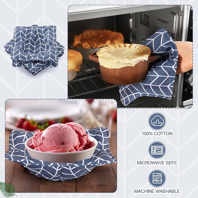 Cunhill 4 Pcs Cotton Microwave Bowl Cozy Holders for Hot Food Hot Pads Soup Bowl Potholders Heat Resistant Multipurpose Quilted Safe Holders for Kitchen Plate Supply(Dark Gray,Striped)