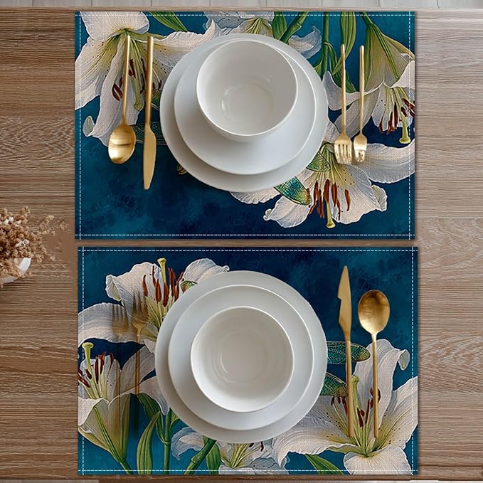 HOMETITUTE Dragonfly Linen Placemats Set of 4 12x18 inch Spring Table Mats for Dining Table Farmhouse Lily Art Decorations Kitchen Decor Desk Mat for Outdoor Home Party Kitchen Seasonal Dining Decor