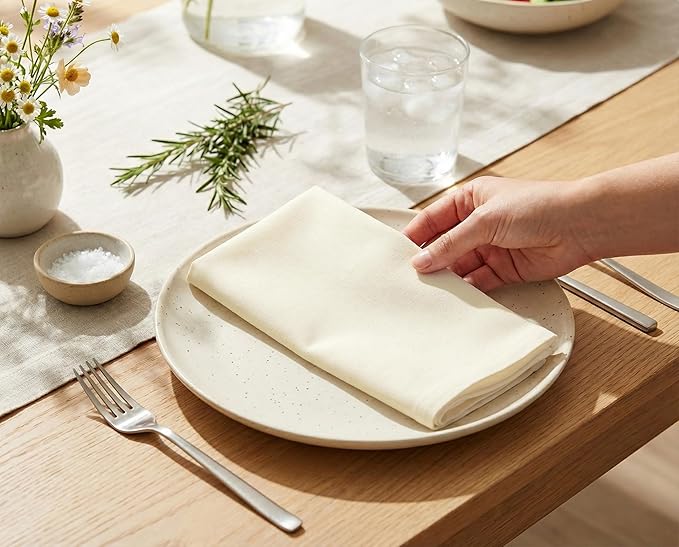 PurpleEssences Set of 12 Cloth Dinner Napkins 100% Cotton 18x18 Inch - Soft Durable Washable - Ideal for Farmhouse Party Spring Easter Summer - Perfect Everyday Use Table Linen - Cream