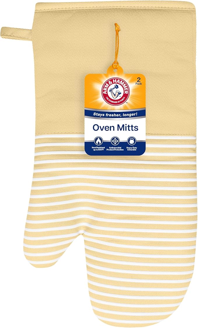 Arm & Hammer Striped Oven Mitts, Heat Resistant, Non-Slip Silicone Grip, 2 Pack, Gold