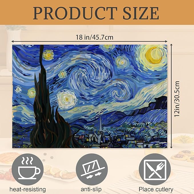 Starry Night Placemats Set of 6,Washable Heat Resistant 12×18 Inch Linen Table Mats,Place Mats for Party Outdoor Dining Décor