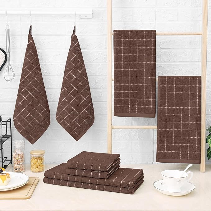 Homaxy Kitchen Towels and Dishcloths Set, 12 x 12 and 13 x 28 Inches, Set of 8 Bulk Cotton Terry Kitchen Towels Set, Checkered Designed, Soft and Super Absorbent Dish Cloths, Brown