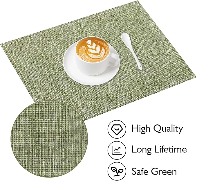 Niviy Green Placemats Set of 4, 12x18 Inch Washable Easy to Clean Heat-Resistant Anti-Skid Sage Green Placemats for Holiday Party Kitchen Dining Room Decoration