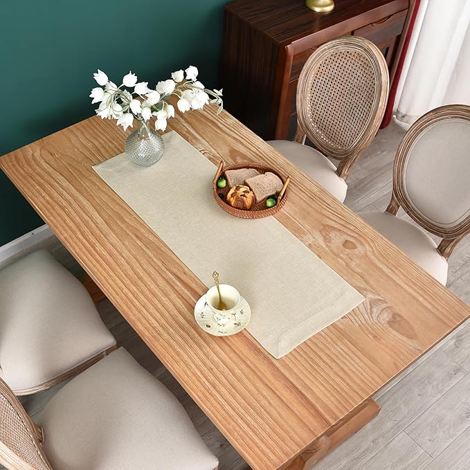 NEWISHER Farmhouse Rustic Table Runner Solid Beige Rectangular Table Runners Faux Linen Table Runner for Everyday Use Kitchen Dining Party Table 13x36 Inch