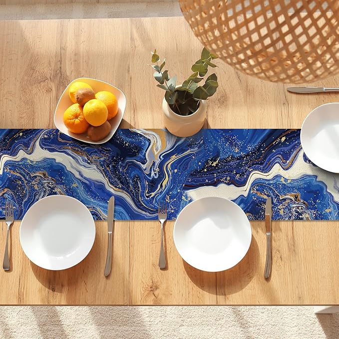 Marble Table Runner 72 Inches Long, Ink Marble Texture Table Runner Dresser Scarves, Rustic Burlap Dining Room Table Decor for Kitchen Wedding Farmhouse Indoor Outdoor Home Party