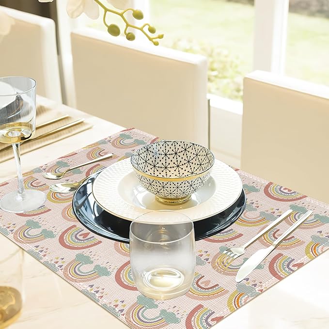 Rainbow Heart Placemats,Boho Whimsical Table Mats Set of 6,12x18 Inch,Waterproof Oil-Proof Washable and Reusable Linen placemats Holiday Party Kitchen Table Decorations
