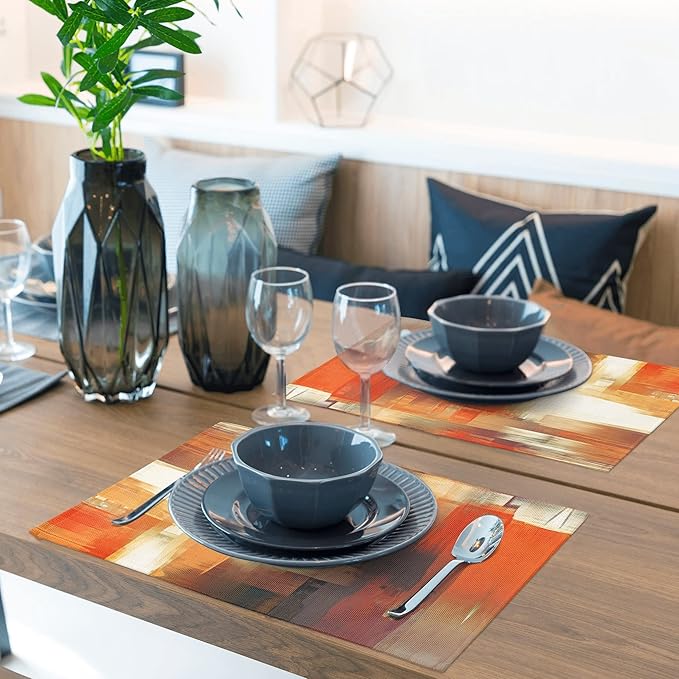 Orange Placemats for Dining Table Set of 6 Modern Art Abstract Painting Place Mats Washable Linen Placemat for Kitchen Home Dinner Party Decor 18x12 Inches