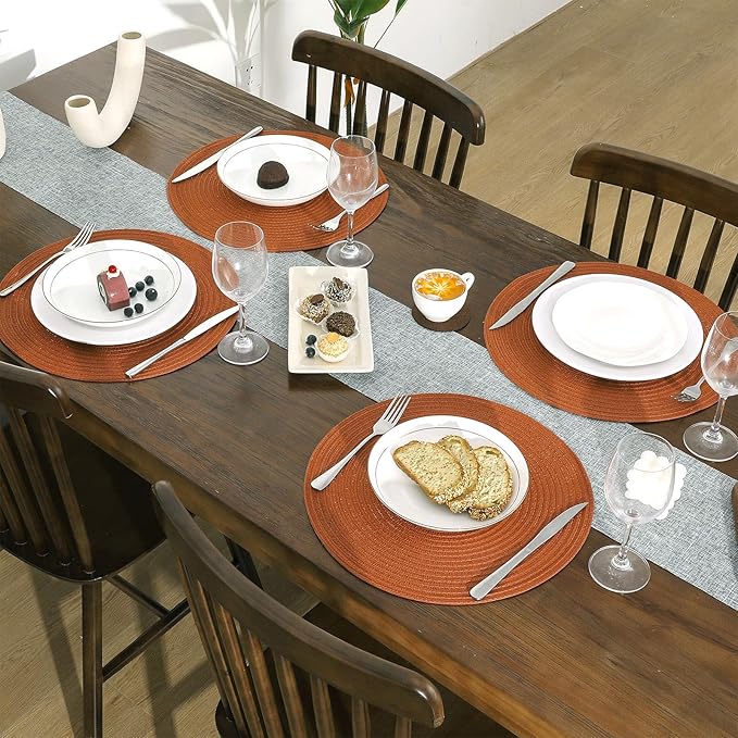 SHACOS Round Placemats Set of 8 Washable 15 inch Round Placemat Cotton Polyester Woven Braided Table Place Mats for Dining Table Wedding Party Decor, Dark Orange