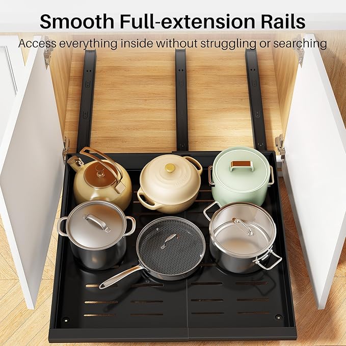 Pull out Cabinet Organizer, 1-Pack Expandable(13.6"-24") Silde out Drawers with Raising Pad for Framed Cabinets, Adjustable Full-Extension Adhesive Roll out Shelves for Kitchen Pantry Home Pot and Pan