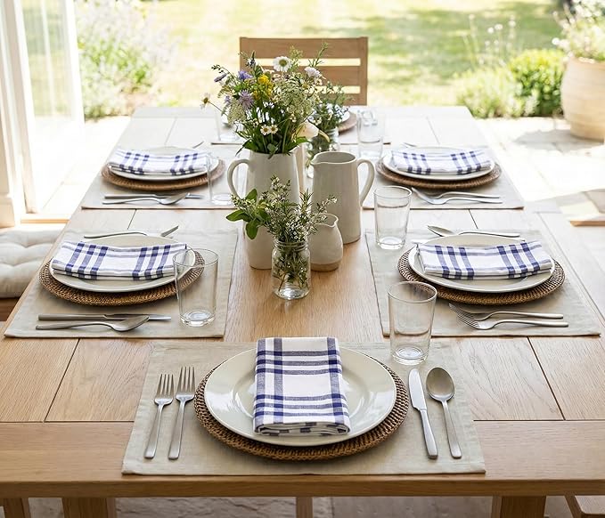 PurpleEssences Homestead Plaid Cloth Napkins - Mitered Corners - Spring Easter Summer - Check Dinner Napkin - Set of 12-100% Cotton - 18x18 Inch - Reusable Washable - Blue and White