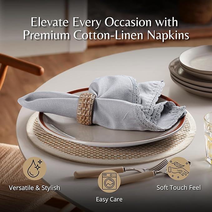 Ramanta Home Linen Flax Cloth Napkins Set of 24 Grey, 18x18 Inch | Easter Premium Cotton Linen Flax Lace Soft & Durable | Washable Ideal for Spring Basket Décor, Wedding, Party, Kitchen, Everyday Use