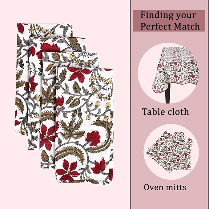 Ridhi Prune Red Hand Block Print 100% Cotton Napkins 18" x 18" (Set of 4) Reuseable Kitchen Napkins Cloth Decor Dinner Party Wedding Cocktail Gift for Spring, Easter