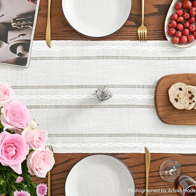 Artoid Mode Rustic Cotton Linen Table Runner, Seasonal Embroidered Hollow Kitchen Dining Table Decoration for Home Party Decor 13x108 Inch