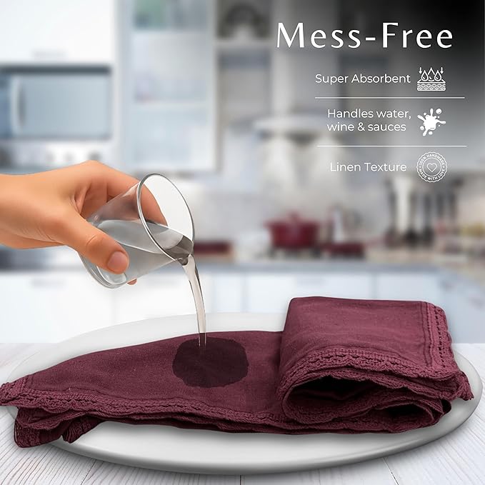 Ramanta Home Linen Flax Cloth Napkins Set of 24 Burgundy, 18x18 Inch | Easter Premium Cotton Linen Flax Lace Soft & Durable | Washable Ideal for Spring Basket Décor, Wedding, Kitchen, Everyday Use