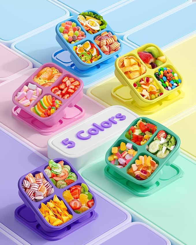 Canfanni 5 PCS Bento Snack Containers, Reusable 4 Compartment Divided Food Storage Containers, Divided Lunchable Container for School, Work and Travel (Multicolor)