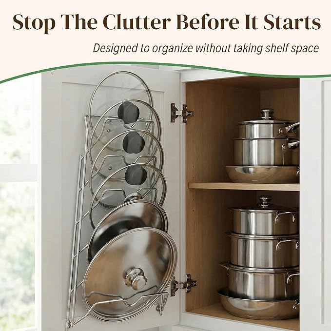 Evelots 6-Tier Pot Lid Organizer for Cabinet Door or Pantry Wall - Pots and Pans Lid Holder Rack - Glass or Metal Pan Covers Cabinet Organizer Kitchen Storage - Chrome Finished