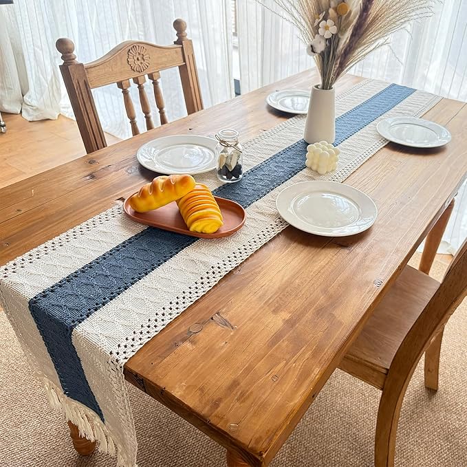 Blue Boho Table Runner for Home Decor with Tassels 72 Inches Farmhouse Rustic Table Runner Macrame Burlap Table Decoration for Living Room Bridal Shower(12x72 Inches, Fringe Included)