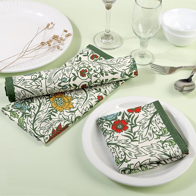 FINGERCRAFT Cloth Napkins, Set of 4 Cotton Linen Blend Printed Dinner Napkins Cloth Mitered Corner Perfect for Parties Dinners Weddings Cocktail Christmas Easter 20x20 Botanical Garden