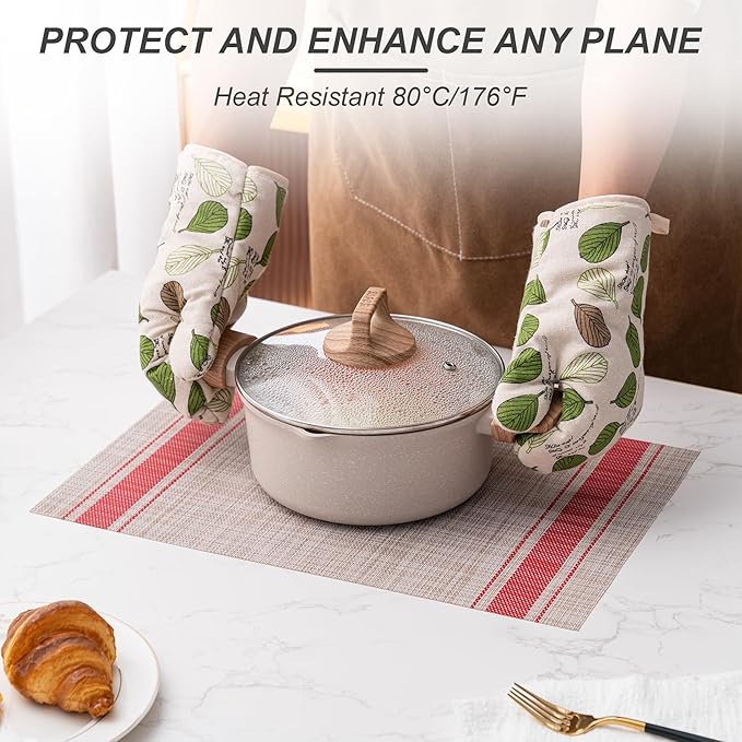 CADONO Placemats Set of 4 Washable Indoor/Outdoor Vinyl Place Mats for Dining Table Durable Non-Slip Heat Resistant PVC Weave Table Mats（Stripes-Red）