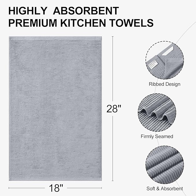 Homaxy Premium Kitchen Towels (18"x 28", 12 Pack), Large 100% Cotton Kitchen Hand Towels, Ultra Absorbent Ribbed Terry Tea Towels Set with Hanging Loop, Grey