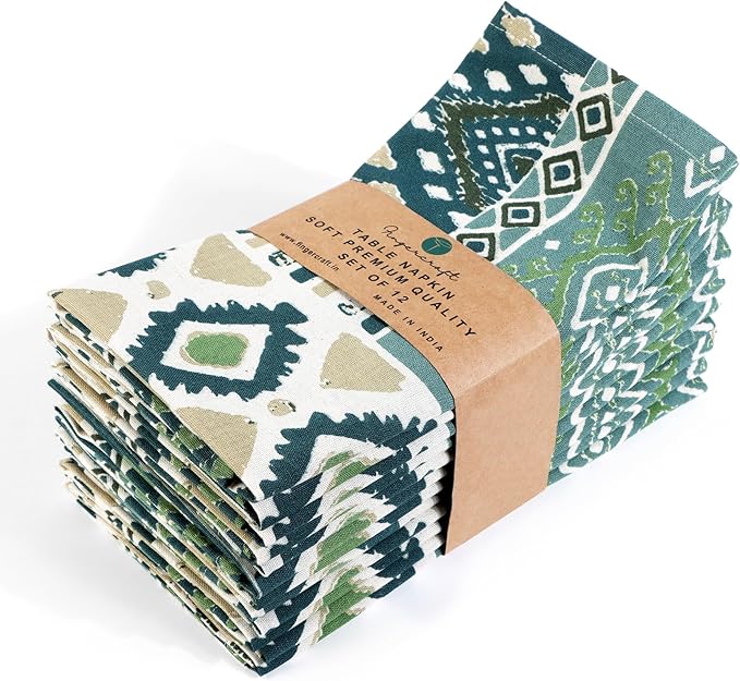 FINGERCRAFT Cloth Napkins, Set of 12 Cotton Linen Blend Printed Dinner Napkins Cloth Mitered Corner Perfect for Parties Dinners Weddings Cocktail Christmas Easter 20x20 Free Spirit