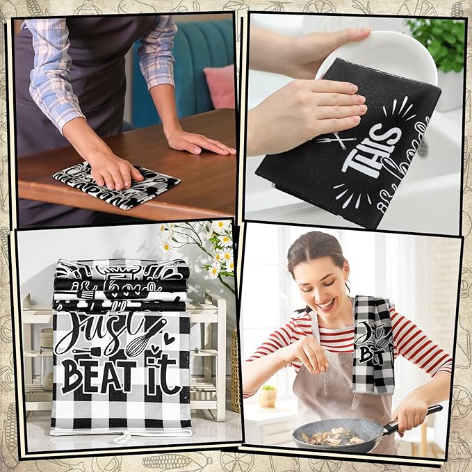 Bencailor 6 Pcs Black White Plaid Kitchen Towels Decorative Sets Dish Towels Absorbent Fast Drying Hand Tea Vintage Hanging Reusable Cleaning Dishcloths for Cooking Farmhouse Bathroom Accessory