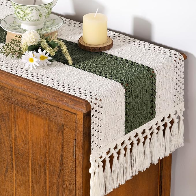 Socomi Boho Table Runner Easter Spring Farmhouse Rustic Dining Kitchen Centerpiece Decor Small Macrame Woven Cotton Linen Coffee Table Runner for Dresser Scarf Home Decor 12x48 inch Olive Green