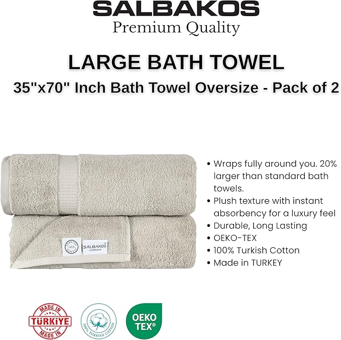 SALBAKOS 100% Turkish Cotton Extra Large Bath Sheet Towel Set of 2, 35x70 inch | Premium Quality | Hotel Collection Soft, Absorbent, Oversize Bath Towels | Made in Turkey (Stone, 2 Bath Sheets)
