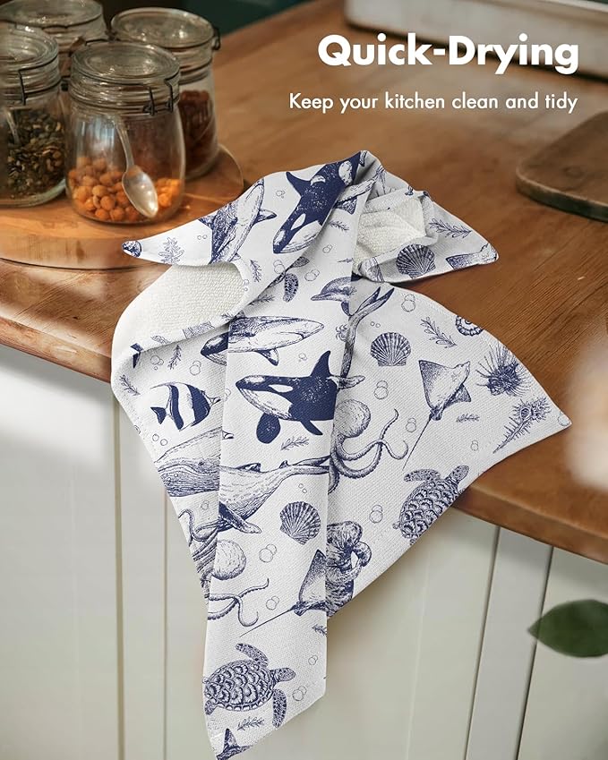 Miss Adola Cotton Kitchen Towels Set of 2 - Cute Design 16×26 Inch Dish Towels for Kitchen with Hanging Loop Ocean Quick Dry Hand Towels Soft & Absorbent, Home Decorative, Terry Cloth Tea Towels