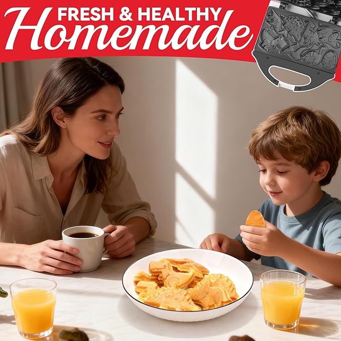 SugarWhisk Dinosaur Mini Waffle Maker for Kids, Mini Pancake Maker Machine for Halloween, 8 Different Shaped Dinos in Minutes, Electric Non-Stick Waffle Iron, White