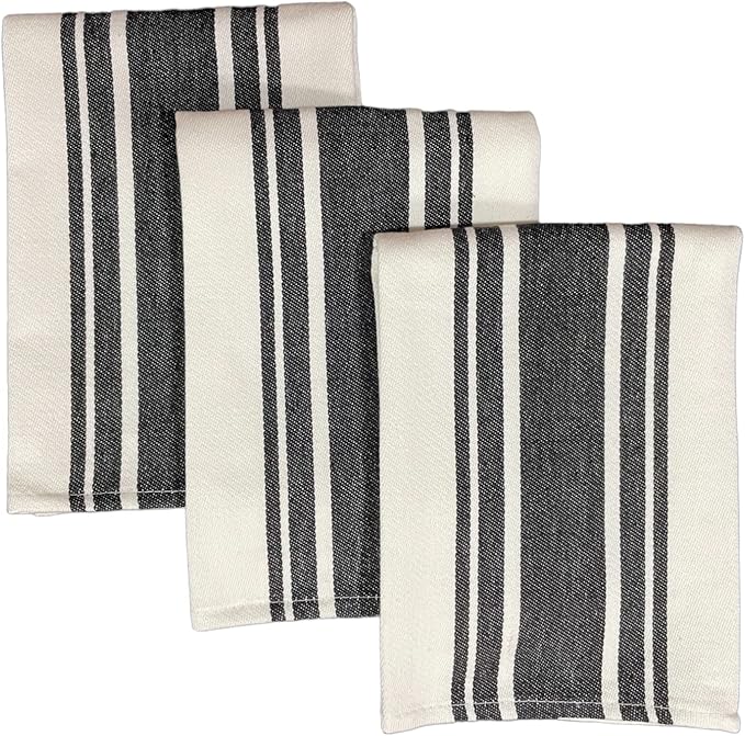 Kitchen Towels Set – Pack of 3 (20’’ x 30’’) Extra Large Premium Cotton Dish Towels for Kitchen – Super Striped Towels – Absorbent – 100% Cotton – with Hanging Loop – Black