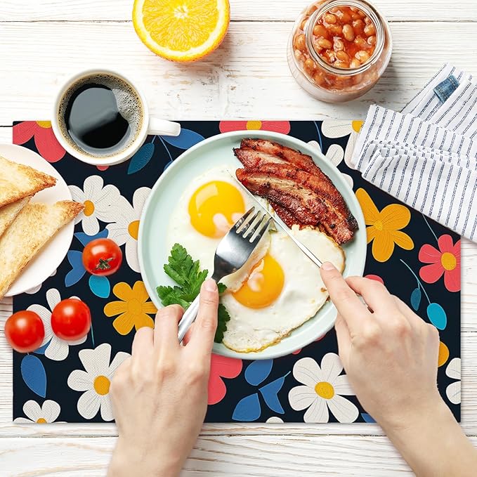 Cotton Linen Waterproof Placemats Set of 4, Wildflower Dining Mat Table Mats Decor Fabric for Kitchen Dinner Coffee Shop Table, Indoor/Outdoor Washable Wipeable Placemat -N035