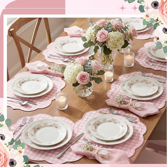 Breling Set of 6 Pink Gingham Placemats Scalloped Embroidered Cotton Linen Placemats 17" x 13" Double Layered Machine Washable Table Place Mat for Wedding Birthday Baby Shower Party Table Decor