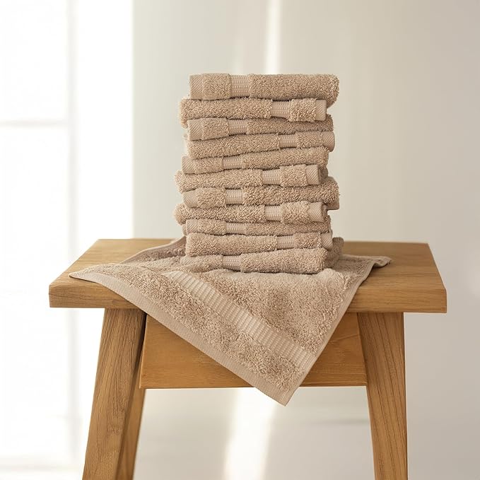 SALBAKOS 100% Turkish Cotton Washcloth Set of 12, 13x13 inch | Premium Quality | Hotel & Spa Collection | Ultra Soft, Super Absorbent, Wash Cloth Towels | Made in Turkey (Taupe, 12 Washcloths)