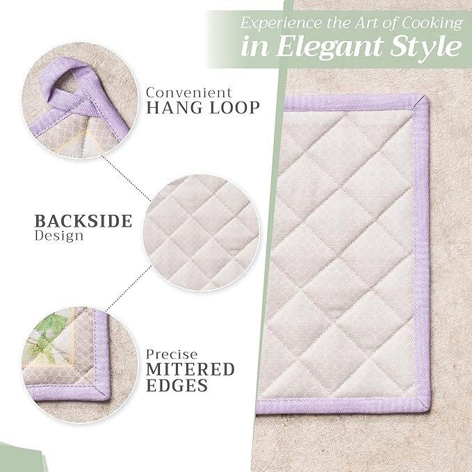 Maison d' Hermine Pot Holders 100% Cotton Heat Resistant Potholders 8" x 8" Hot Pads with Loop Cooking Baking Gifts for Mothers Day Handling Hot Pans Spring/Summer (Pack of 2, Magnolia Mornings)
