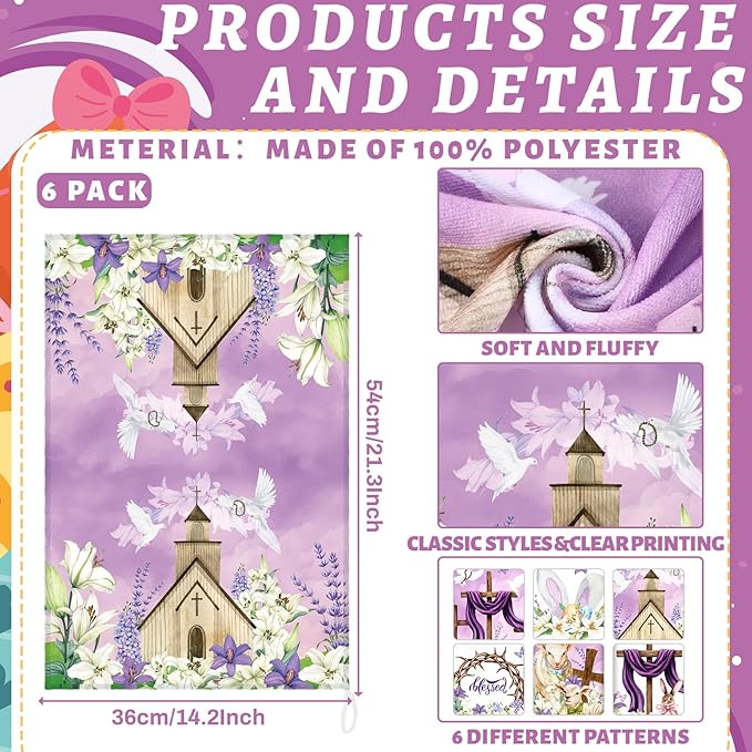 Breling Set of 6 Happy Easter Kitchen Towels Religious Dish Towel Bathroom Decorative Christian Lily Cross Thorny Cloths Easter Decorations for Home Decorations Spring Gift, 14 x 21 Inch