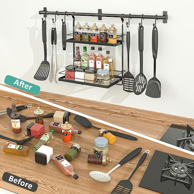 NADAMOO Kitchen Utensil Hanger and Spice Rack with Towel Rack Holder，Wall Mount Space Saving Metal Storage Organizer for Pantry, Countertop, Bathroom