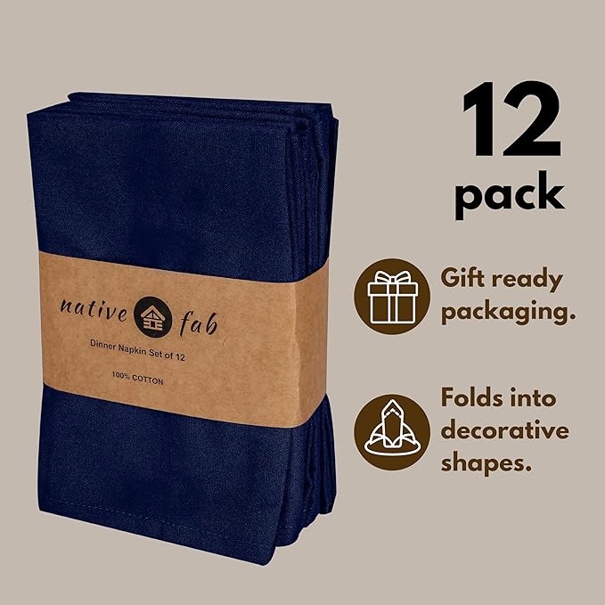 Native Fab Cloth Napkins Set of 12, 100% Cotton, 17" x 17", Washable & Reusable Fabric Linen, Table Decor for Dinner, Events, Parties, Weddings - Navy Blue