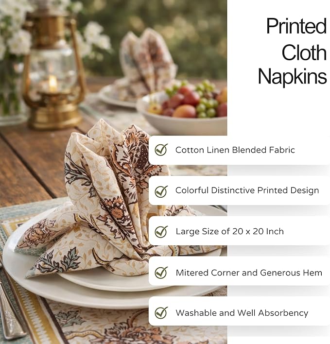 FINGERCRAFT Cloth Napkins, Set of 12 Cotton Linen Blend Printed Dinner Napkins Cloth Mitered Corner Perfect for Parties Dinners Weddings Cocktail Christmas Easter 20x20 Royal Bloom