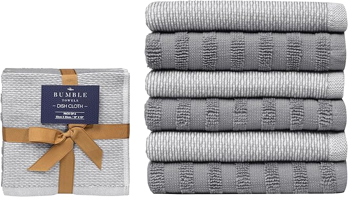 Bumble Premium Dish Cloths 13"x13" (6 Pack) | 100% Natural Ring Spun Cotton | 400 GSM | Highly Absorbent & Soft |Yarn Dyed & Solid Dyed Terry Dish Cloth Set - Grey