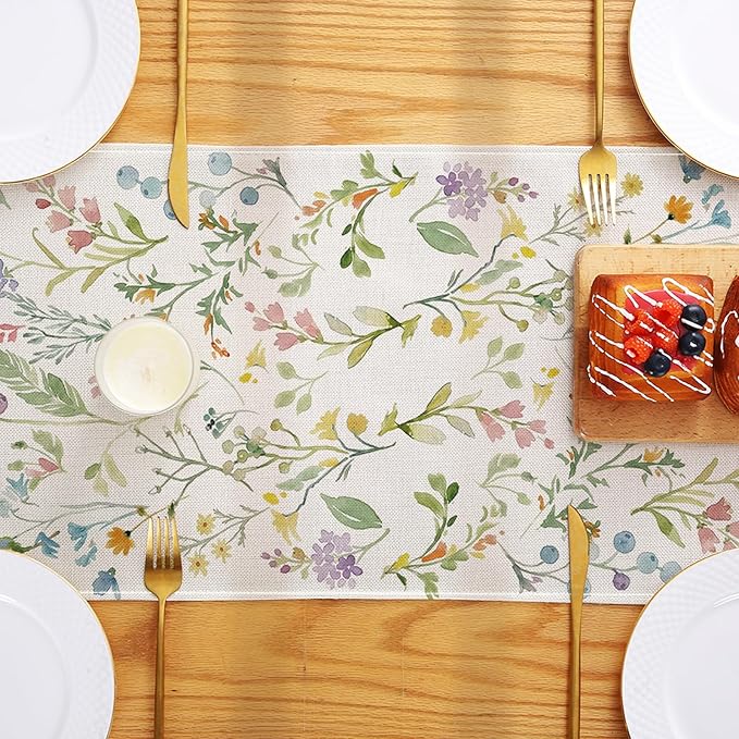 ONFAON Spring Table Runner,Wildflowers Floral Seasonal Summer Kitchen Dining Table Decoration for Home Party Decor 13x72 Inch