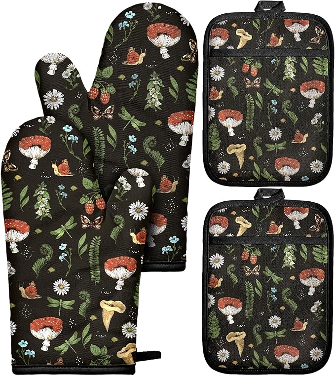 Miss Adola Cotton Oven Mitts and Pot Holders Sets - Quilted Lining Heat Resistant 4 Pieces Set with Hanging Loop Cute Farmhouse Boho Spring Kitchen Decor and Accessories, Black Mushroom