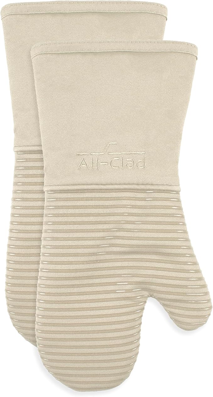All-Clad Silicone Oven Mitts: Heat Resistant up to 500 Degrees - 100% Cotton & Silicone, 14"x7" Oven Mitt for Kitchen and Barbeque, 2-Pack, Almond