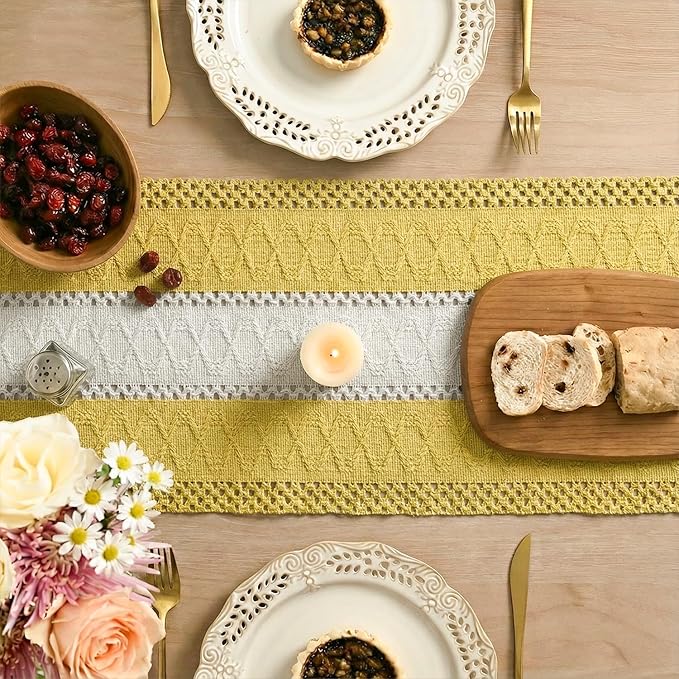 Artoid Mode Yellow Farmhouse Rustic Table Runner, Seasonal Hollow Kitchen Dining Table Decoration for Home Party Decor 12x60 Inch